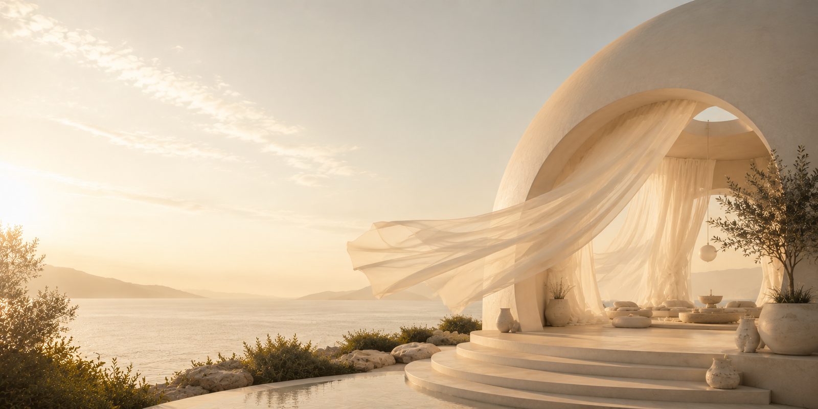 A sunlit white dome sanctuary with flowing curtains overlooking the sea